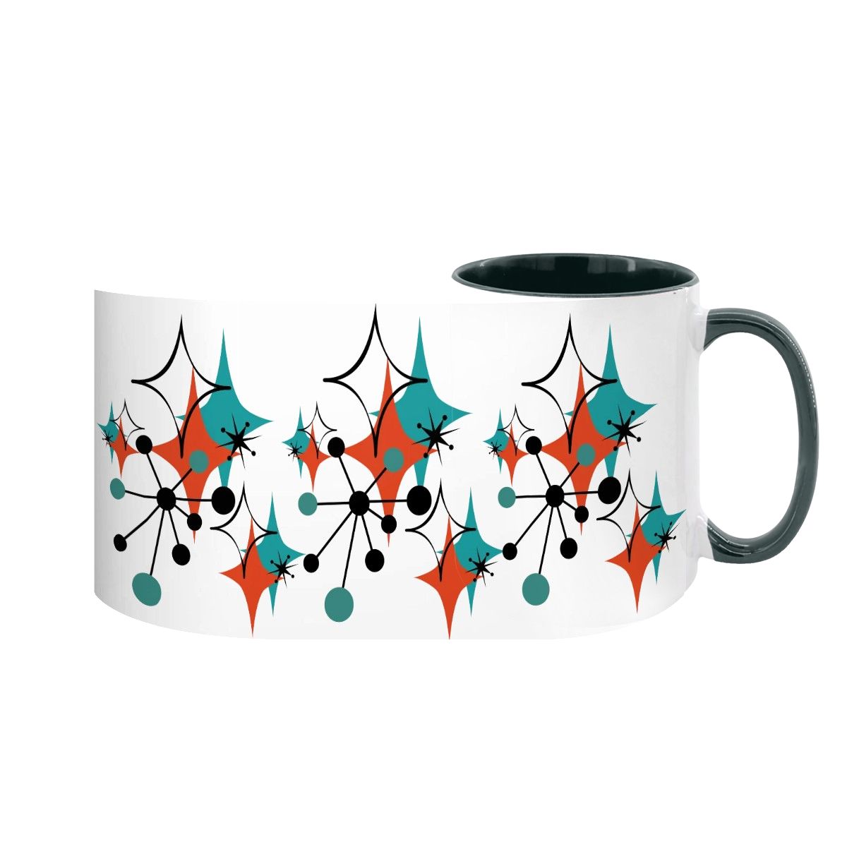 Large 15oz mug featuring a colorful mid-century modern atomic starburst design in teal, orange, and black.