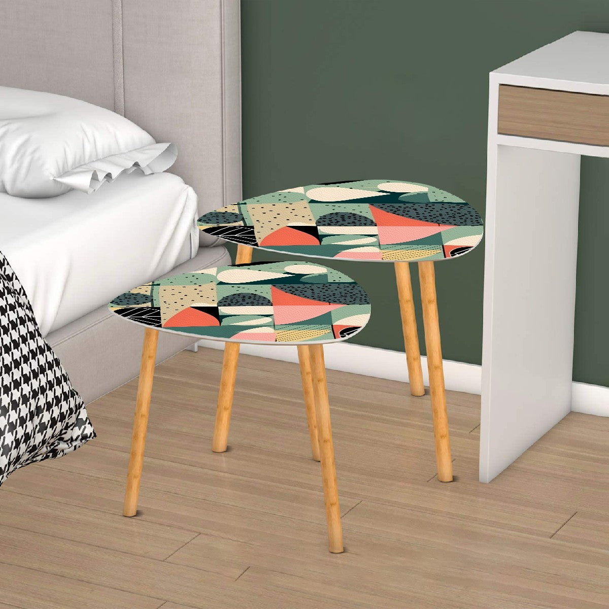 Mid Century Modern Green, Coral, Pink Geometric Mod Designed Nesting Tables - Mid Century Modern Gal