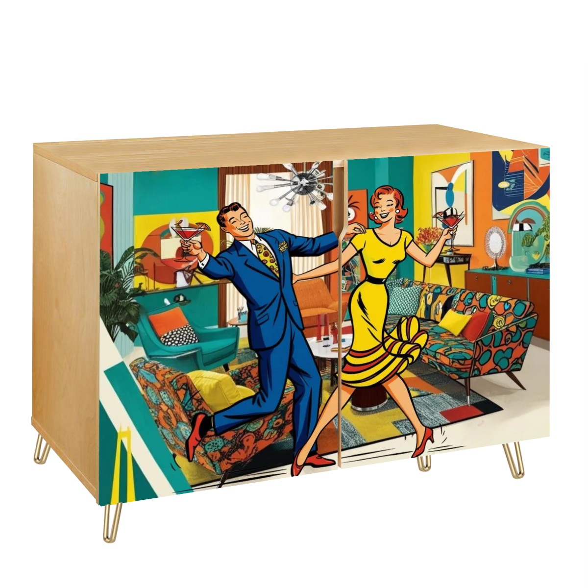Mid Century Modern Bar Cabinet, Kitschy Quirky Mod Couple Cocktail Hour Wooden Storage Cabinet - Mid Century Modern Gal