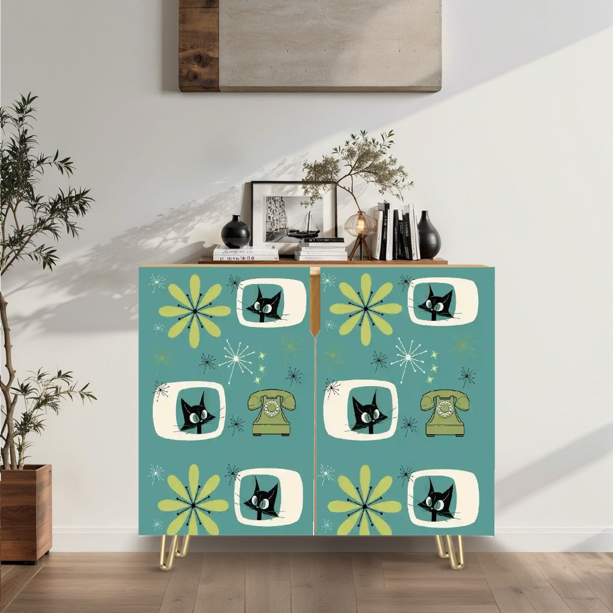 Mid Century Modern Storage Cabinet With Atomic Kitties Retro Wooden Storage Cabinet - Mid Century Modern Gal