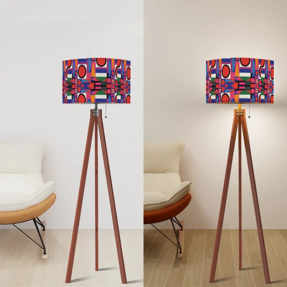 Mid Century Modern Geometric Red, Purple, Yellow Green MCM Bauhaus Designed Tripod Floor Lamp - Mid Century Modern Gal