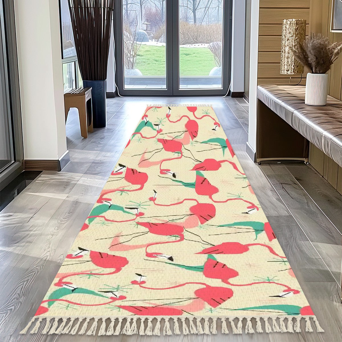 Mid Century Modern Kitschy Fun Dancing Flamingos Rug Runner With Tassels - Mid Century Modern Gal