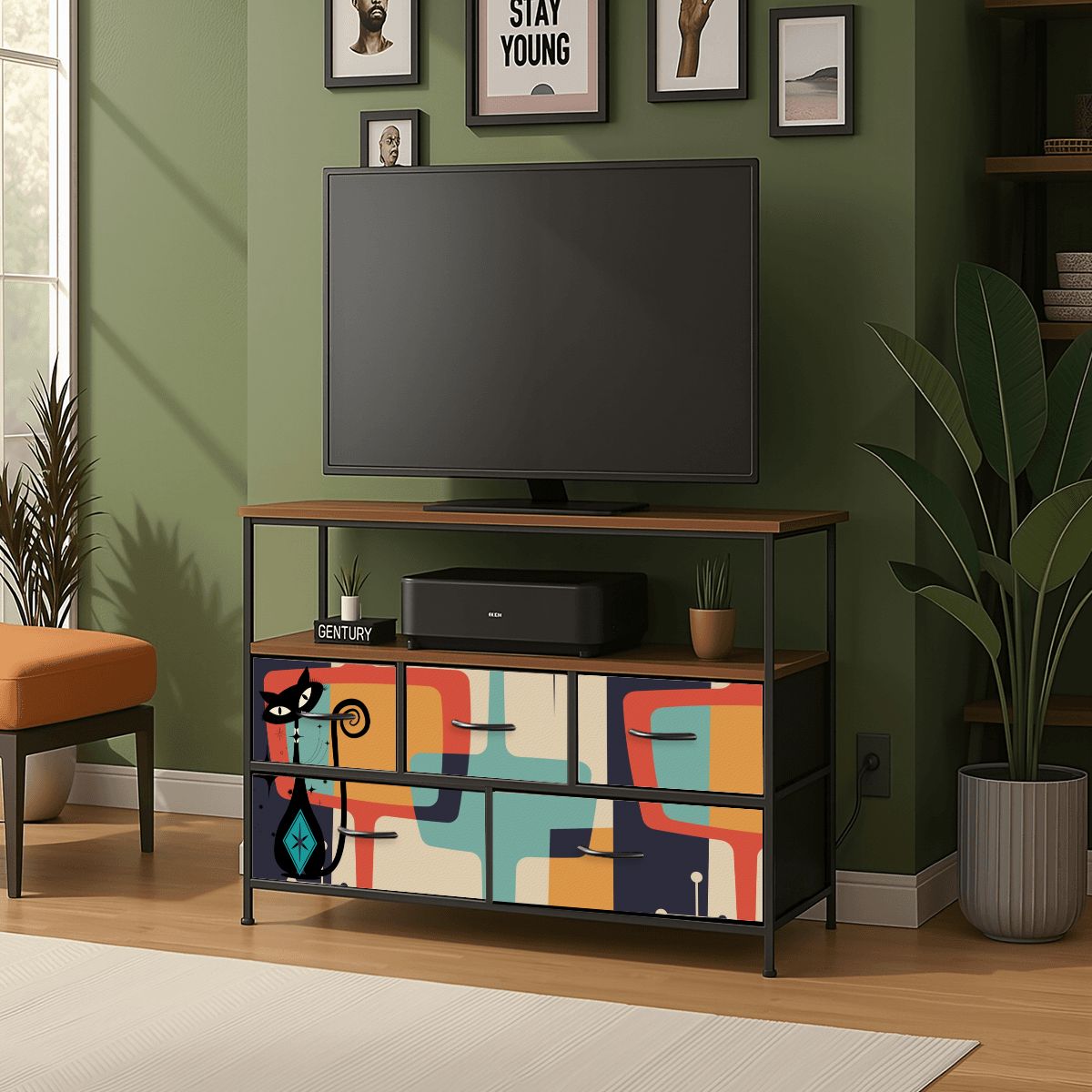 Mid Century Modern Atomic Cat, Mid Mod Geometric Designed TV Stand Media Console - Mid Century Modern Gal