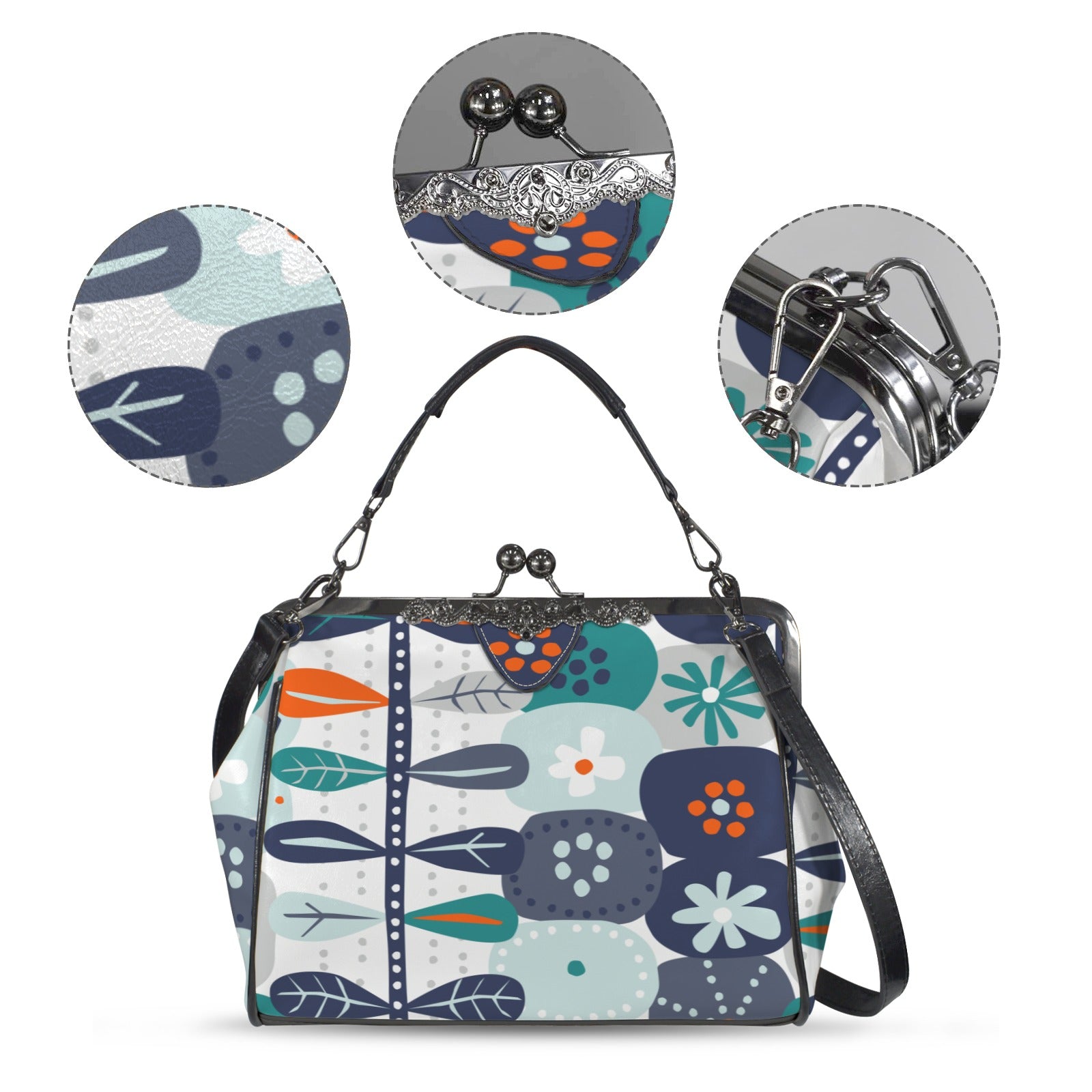 Scandinavian Blue Orange White Teal Modern Danish Floral Kisslock Crossbody Purse - Mid Century Modern Gal