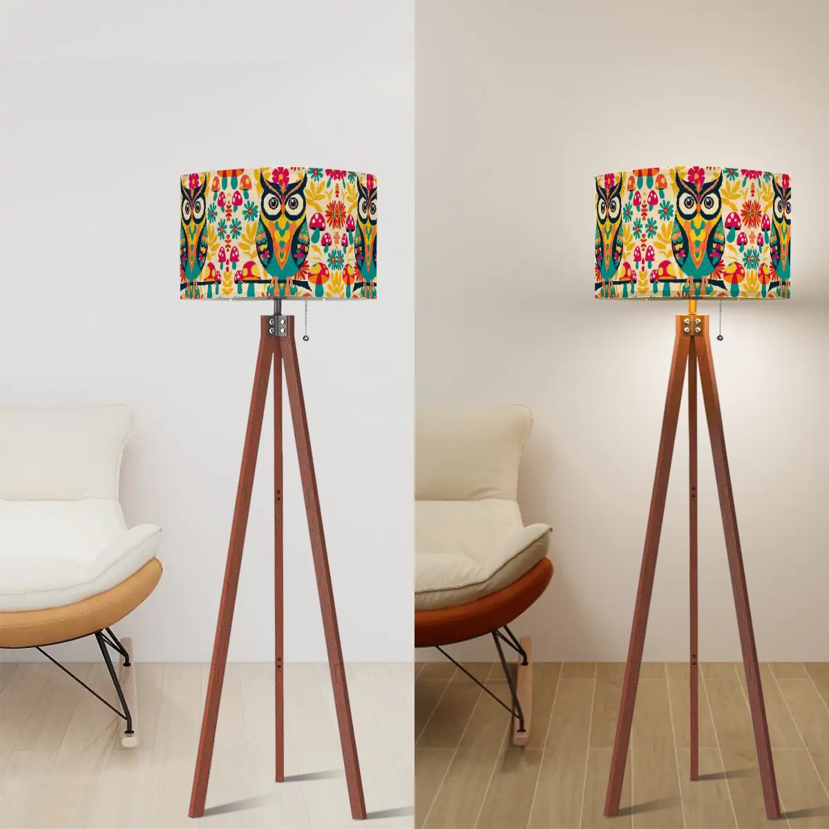 Flower Power Mushroom Owl, 70s Mid Mod Retro Tripod Floor Lamp - Mid Century Modern Gal