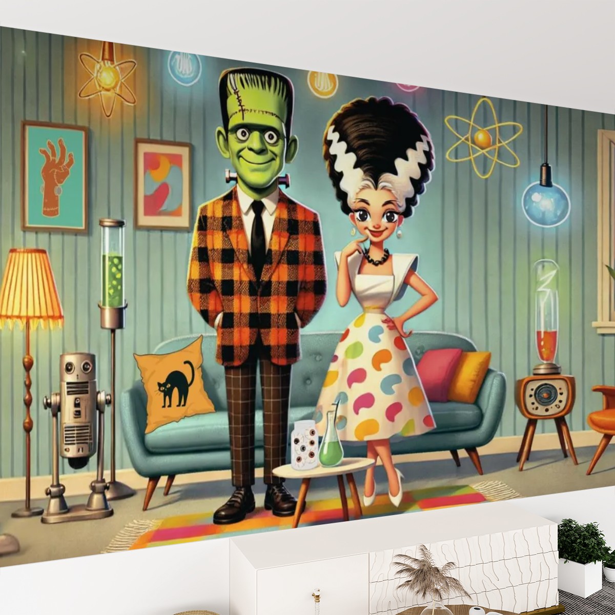 Retro Frankenstein And Bride Kitschy Mod Peel And Stick Wallpaper - Mid Century Modern Gal