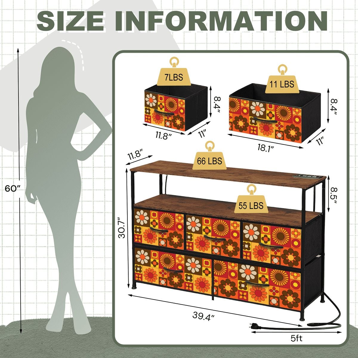 Retro 70s Mod Floral Orange Brown Yellow Mid Mod Hip TV Stand Media Console - Mid Century Modern Gal