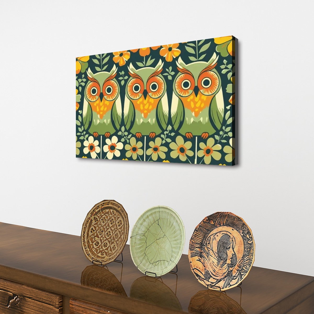 Groovy Mod Owl Art, Flower Power 70s Vibe Green, Orange Kitschy Wall Art - Mid Century Modern Gal