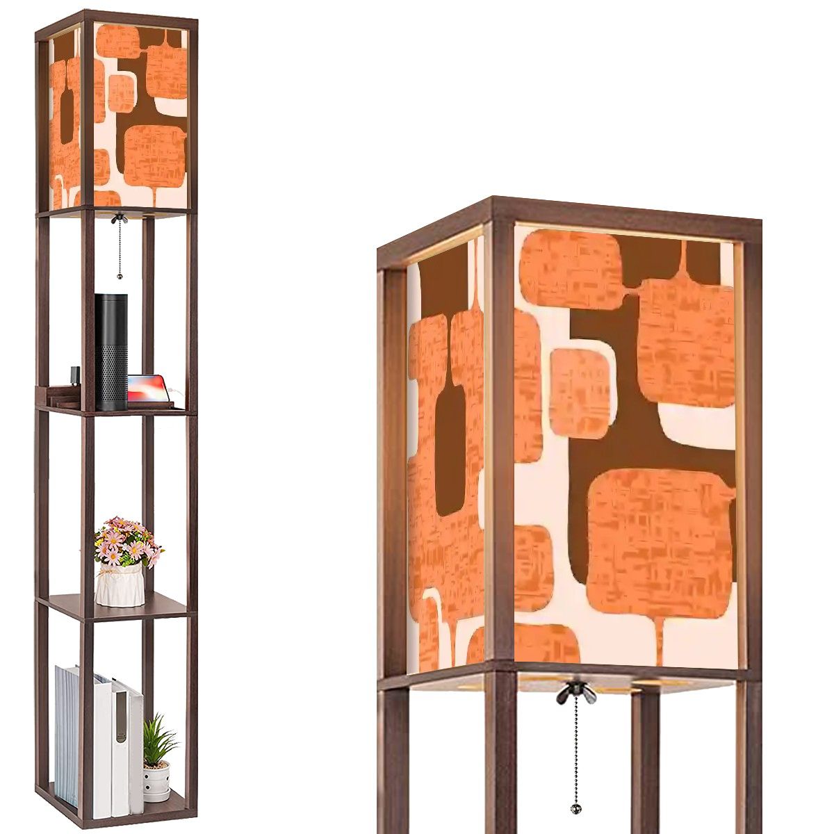 Retro Geometric Mid Century Modern Atomic Era Brown Orange, Floor Lamp with Shelves - Mid Century Modern Gal
