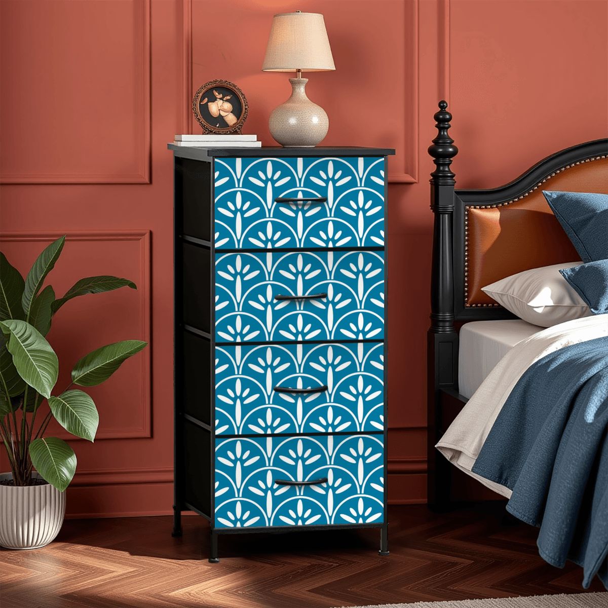 Mid Century Modern Stylish Art Deco Teal and White MCM 4-Drawer Dresser