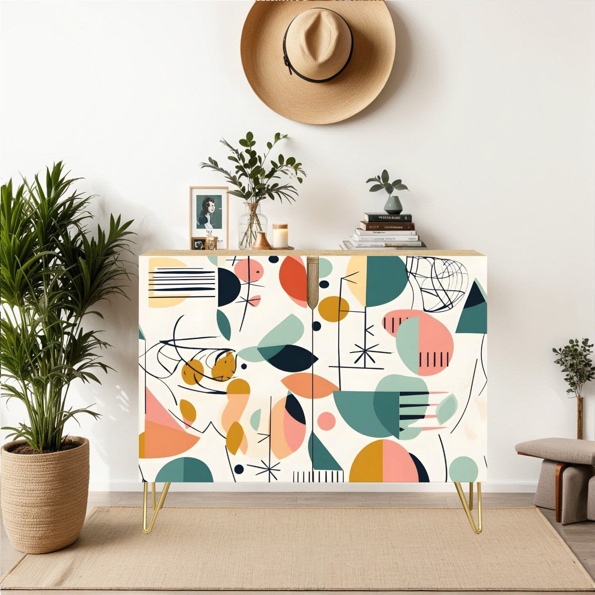 Mid Century Modern Wooden Storage Cabinet, Boho Abstract Geometric Design - Mid Century Modern Gal