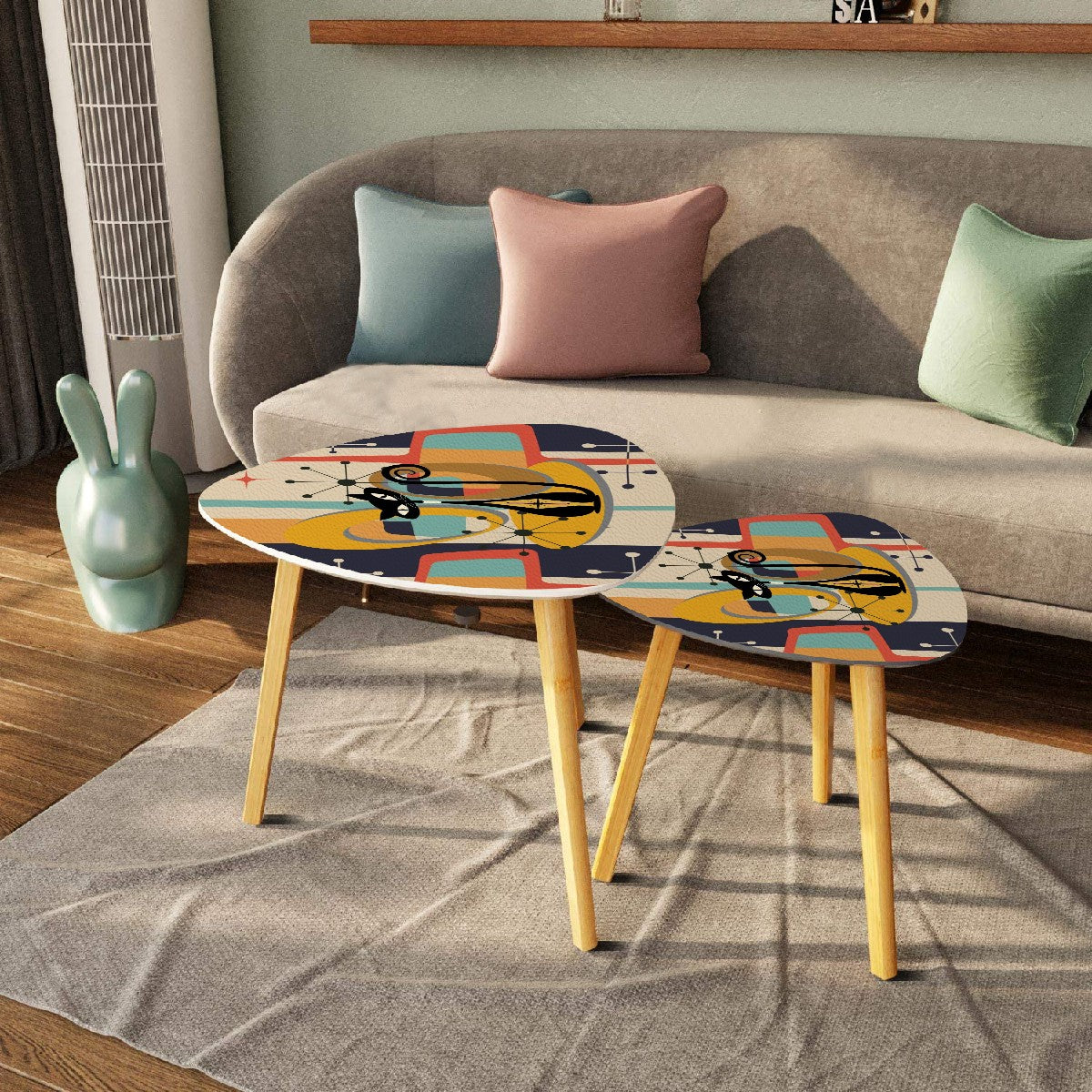 Mid Century Modern Nesting Tables, Atomic Cat, Mod 50s Triangle Coffee Table Set - Mid Century Modern Gal