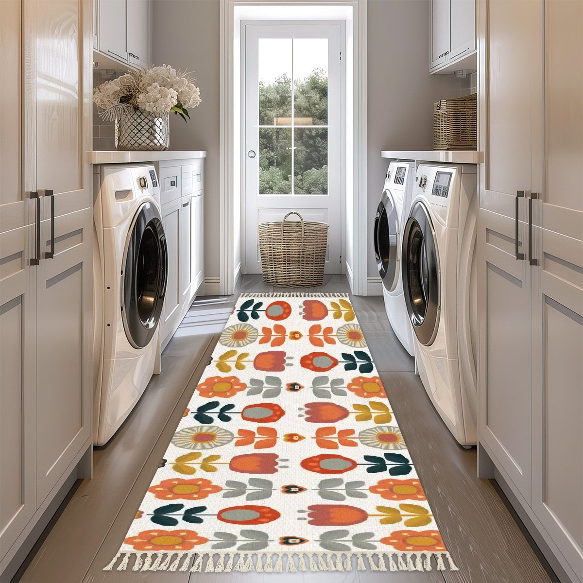 Retro Scandinavian Mod Flower Pop Of Color, Boho Runner Rug with Tassels - Mid Century Modern Gal