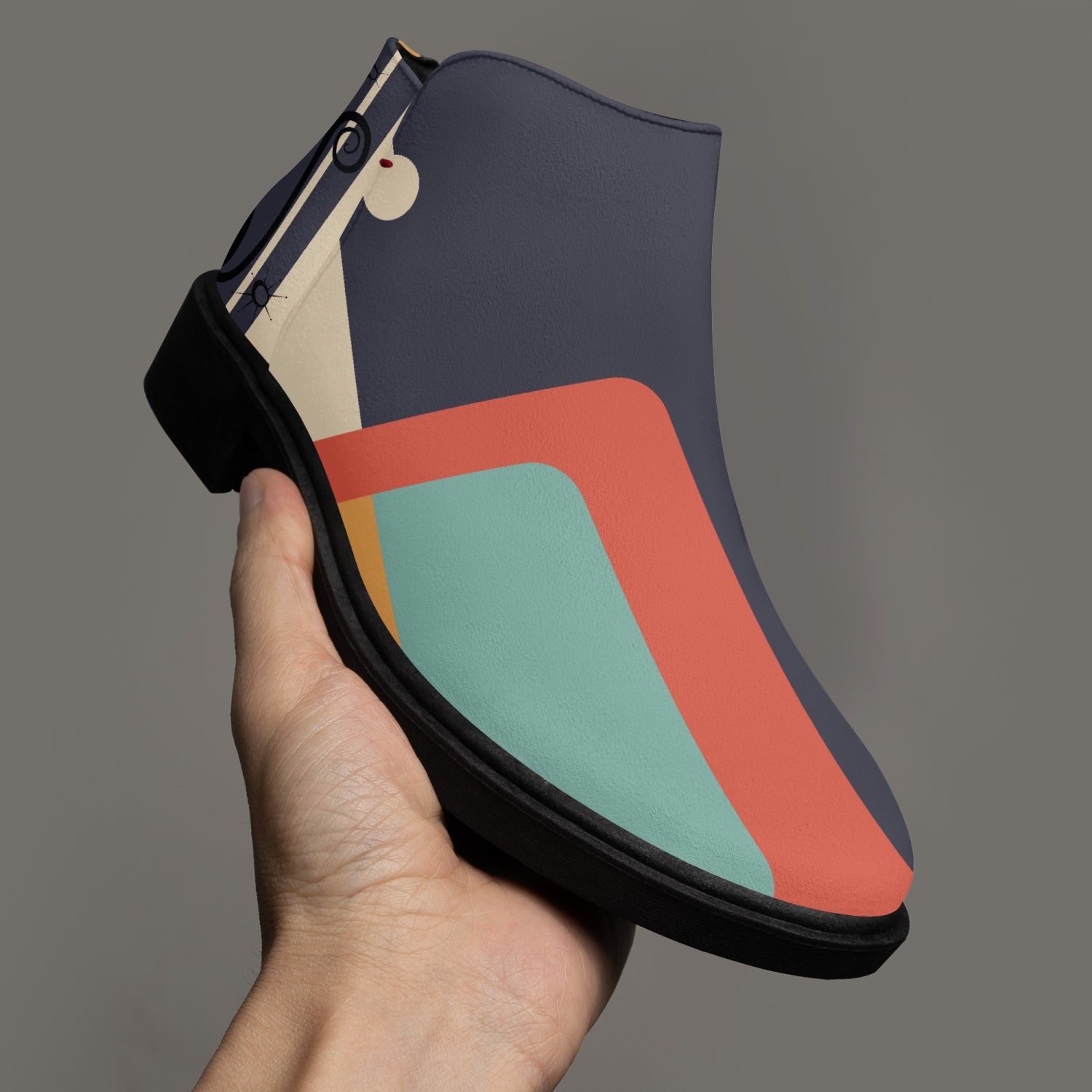 Mid Century Modern Fashion Shoe Boots With Kitschy Atomic Cat On Heel - Mid Century Modern Gal