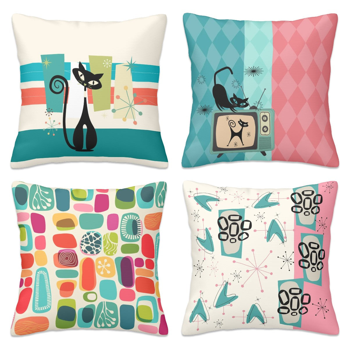 Mid Century Modern Atomic Cat, Geometric Groovy Pillow Covers ONLY - Mid Century Modern Gal