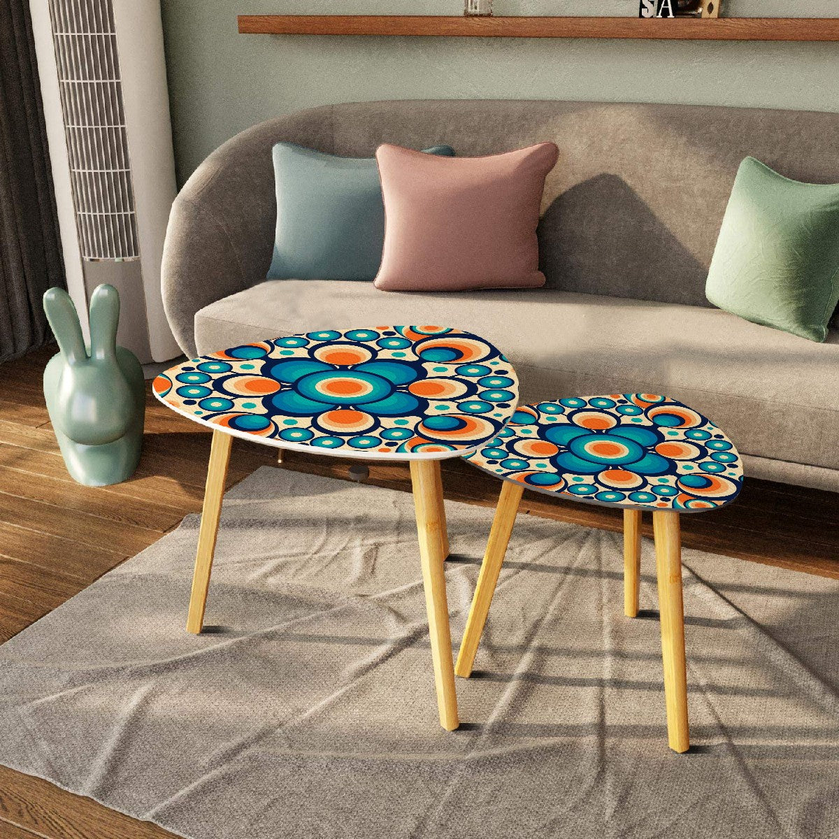 Groovy Mid Mod Nesting Tables, Blue, Orange Orbs Mod Table Set - Mid Century Modern Gal
