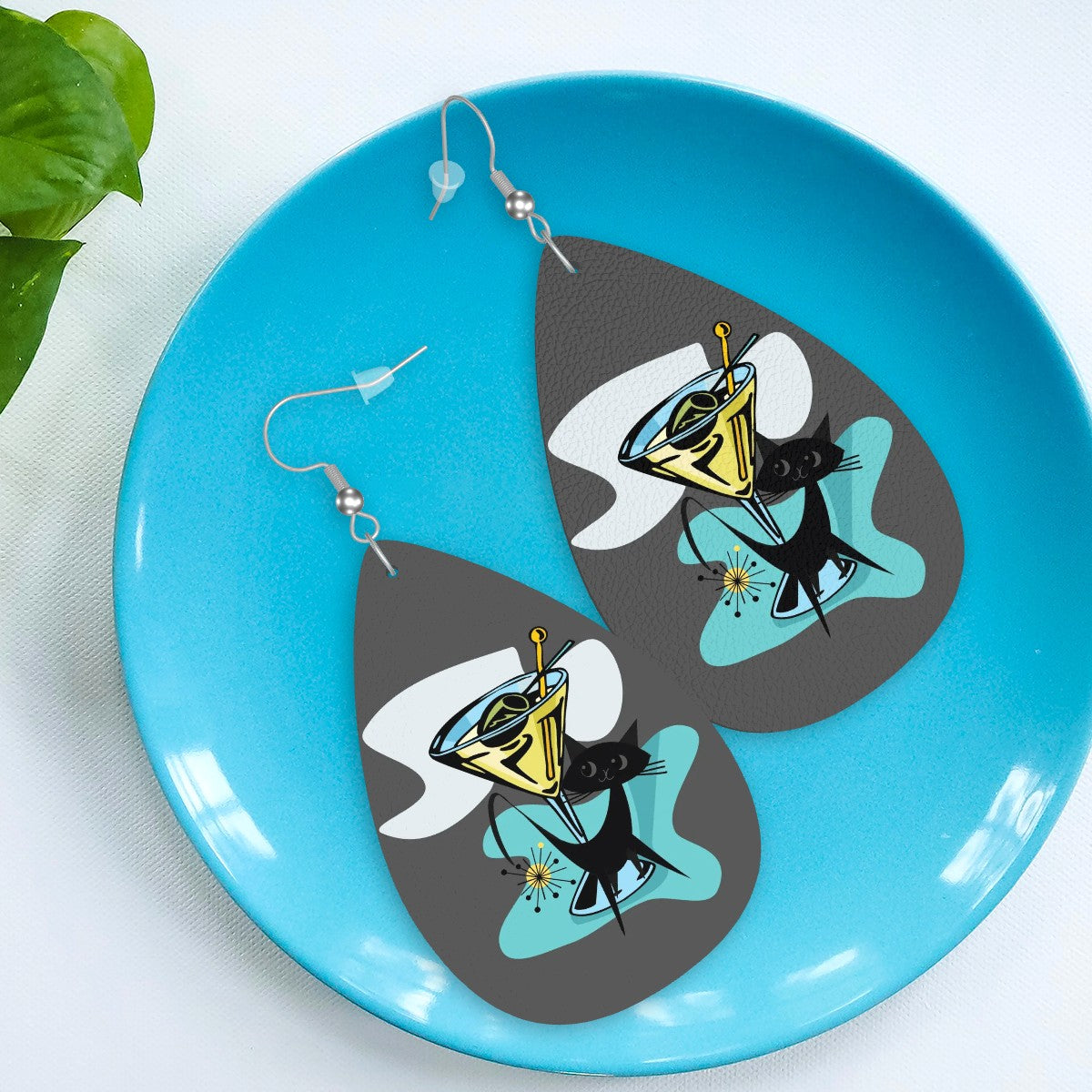 Atomic Cat Martini Cocktail Teardrop Vegan Leather Earrings - Mid Century Modern Gal
