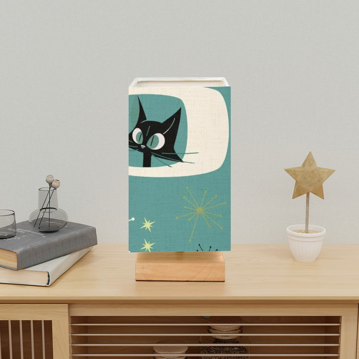 Atomic Space Cat Teal Green Mid Century Modern Square Table Lamp - Mid Century Modern Gal