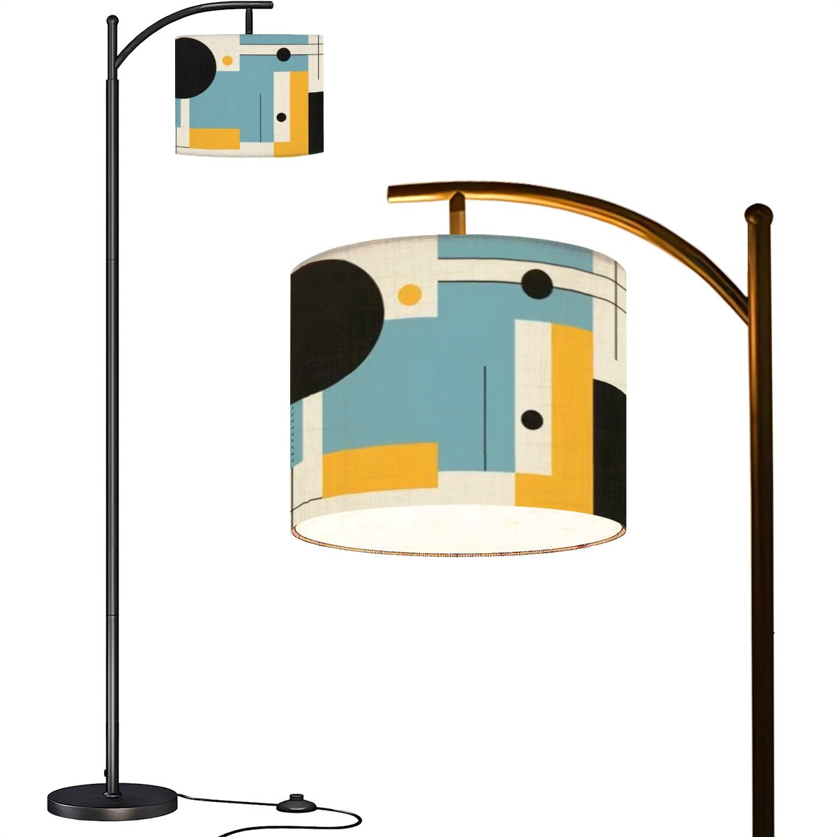 Mid Century Modern Arc Floor Lamp, Bauhaus Designed Shade WIth Geometric Blue, Yellow Black - Mid Century Modern Gal
