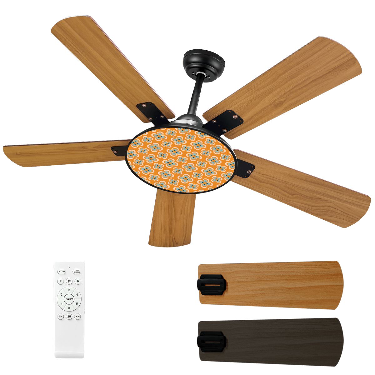 Mid Century Modern Scandinavian Orange Blue Floral Retro Ceiling Fan With Light - Mid Century Modern Gal