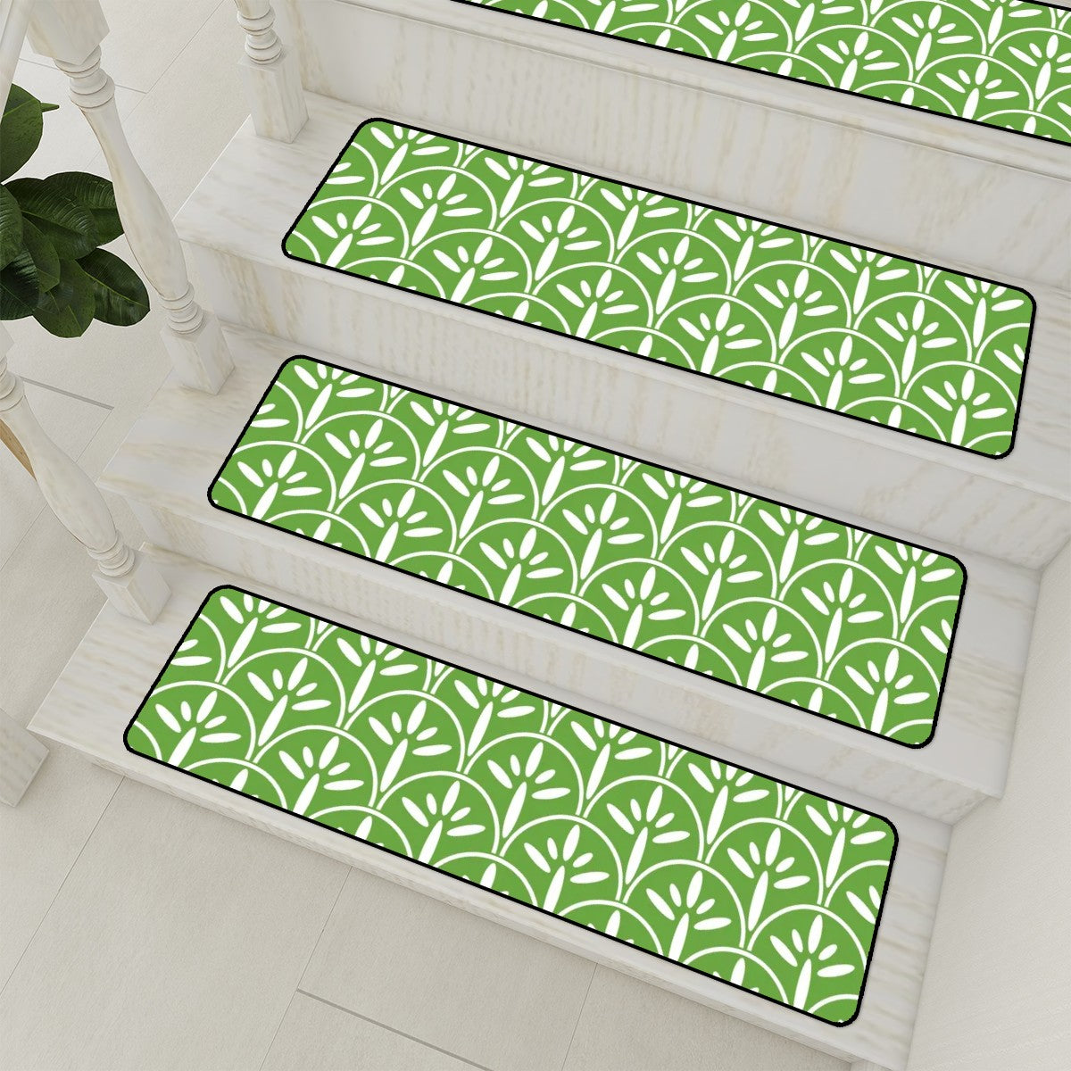 Art Deco Stair Tread Carpets | Green Grass And White Mid Century Modern Style Non Slip Carpet for Stairs Treads - Mid Century Modern Gal