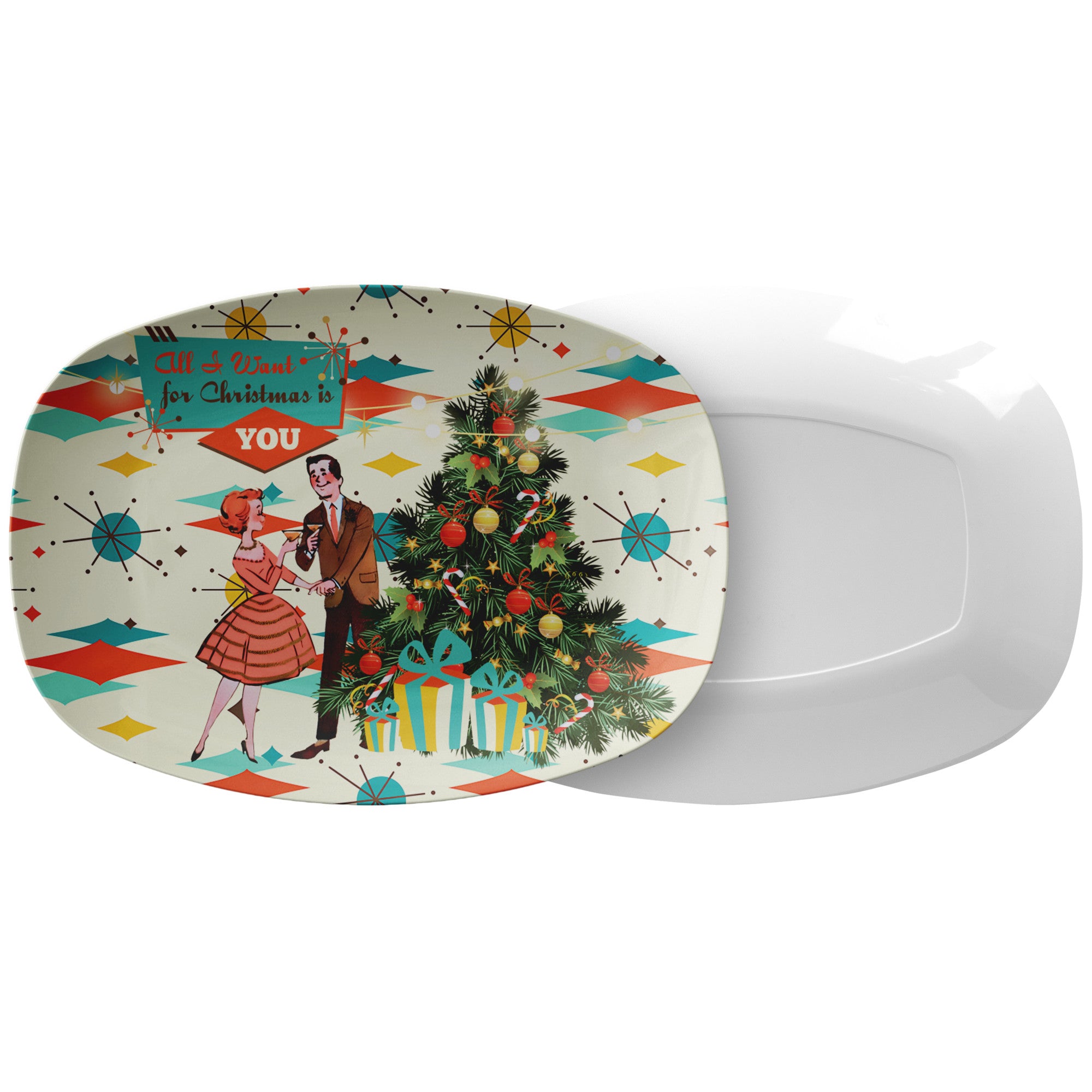 All I Want For Christmas Is You, MCM Kitschy Modern Couple Party Platter Gift - Mid Century Modern Gal