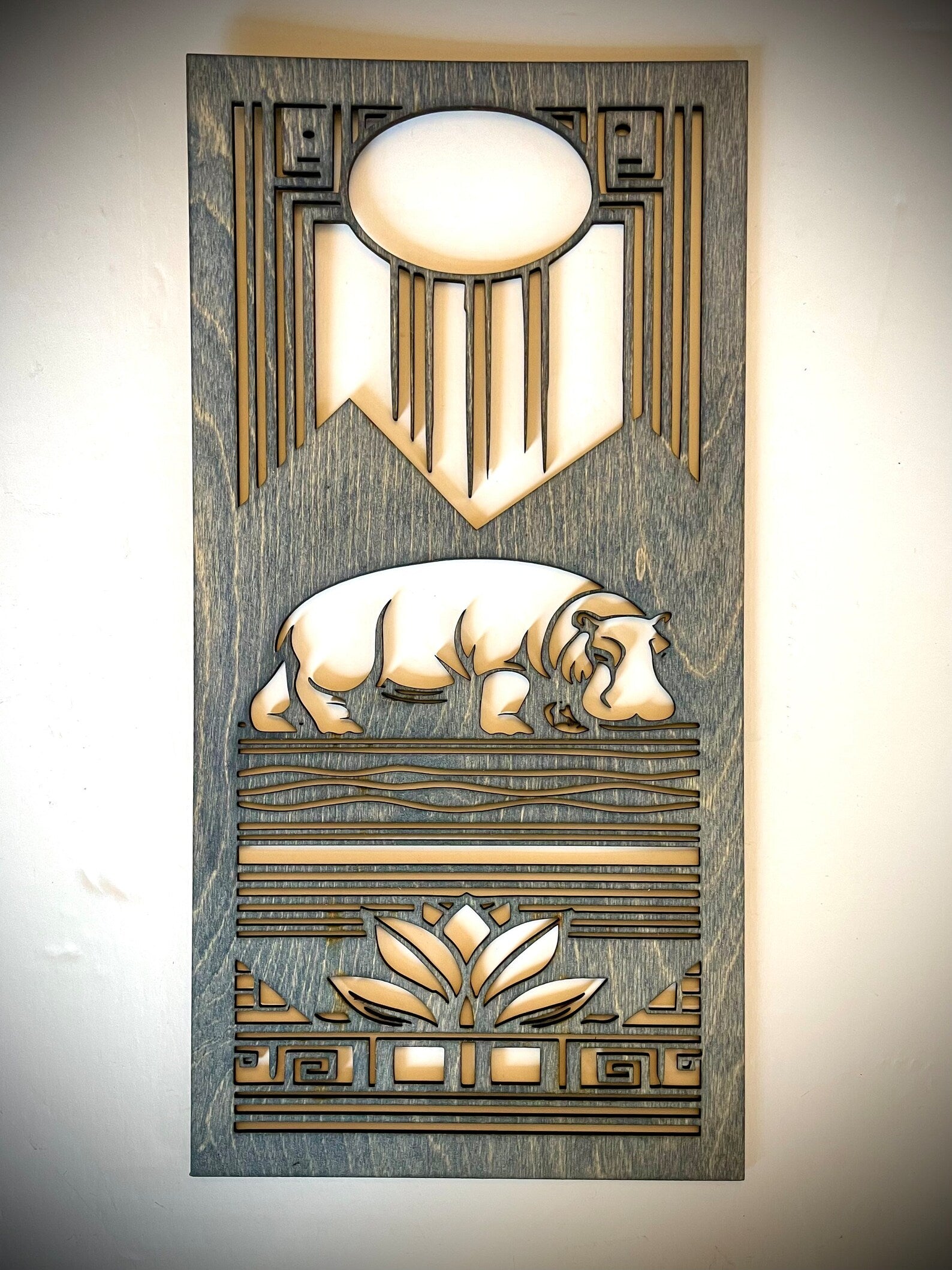 Art Deco Style Hippopotamus Triptych 3-Panel Wood Wall Art