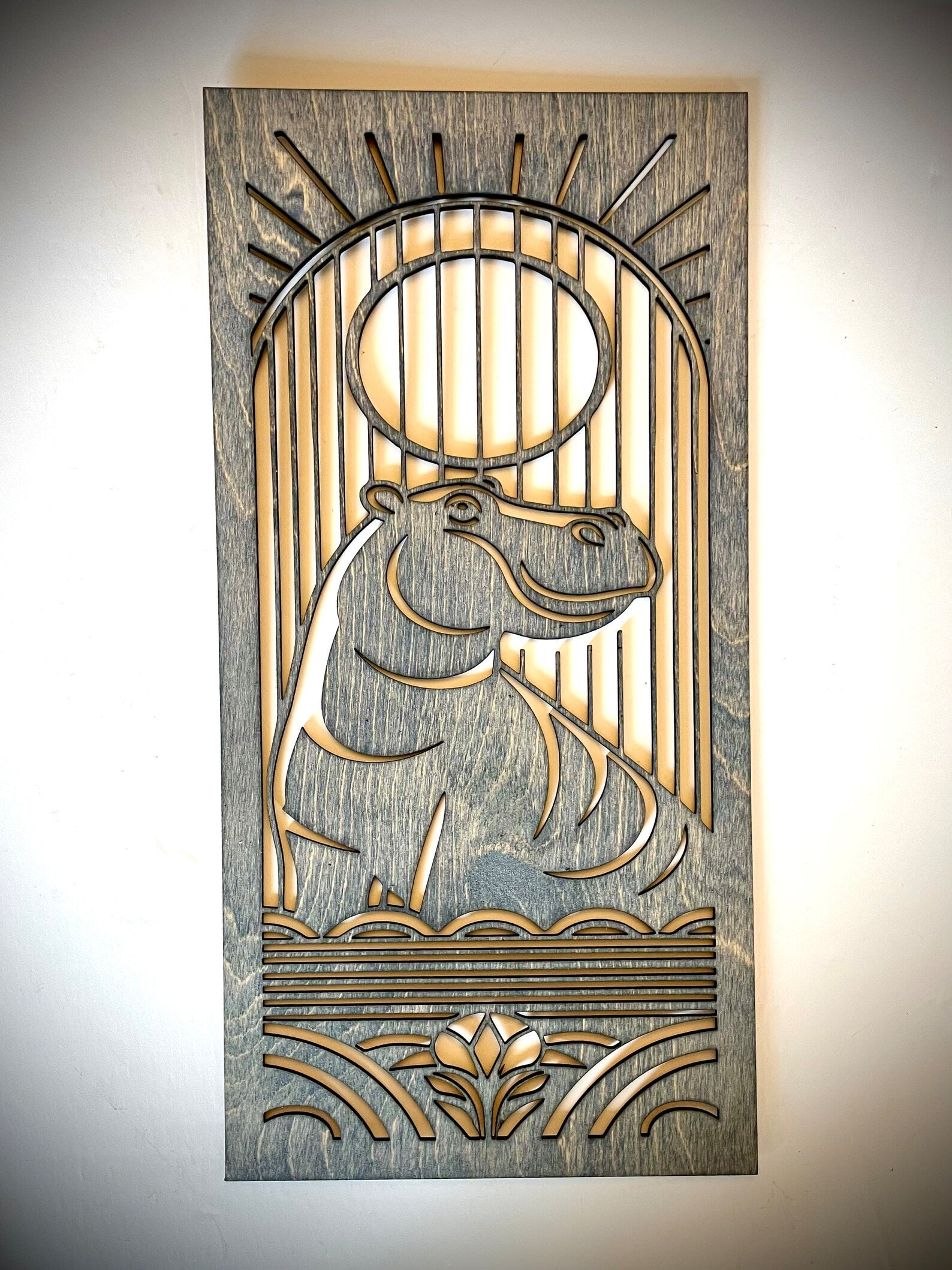 Art Deco Style Hippopotamus Triptych 3-Panel Wood Wall Art