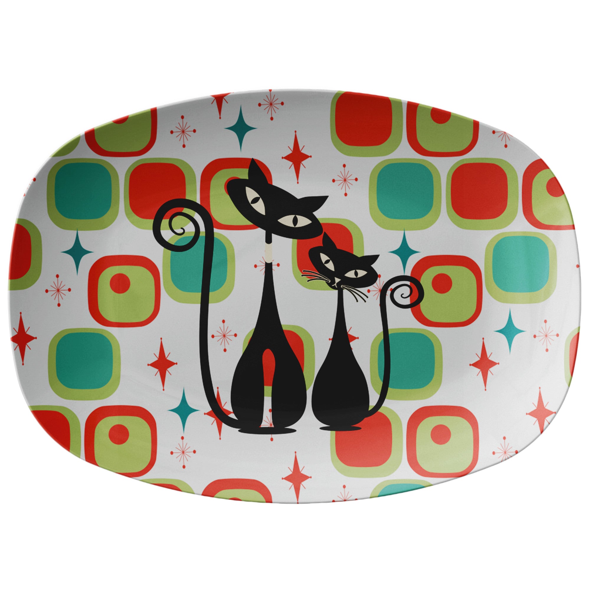 Atomic Cat Dinner Platter, Mid Century Modern Geometric Orange, Teal Bold Colorful Outdoor Summer Entertaining MCM Plate - Mid Century Modern Gal
