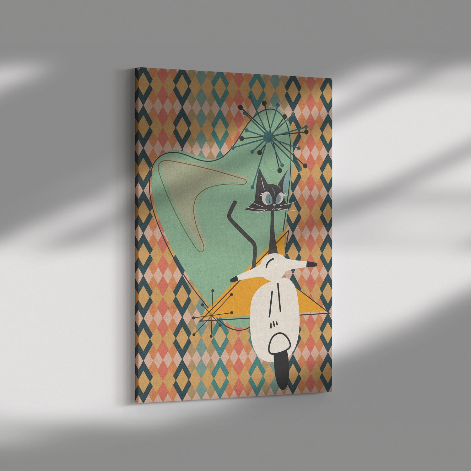 Atomic Cat Mid Century Modern Wall Art, Kitschy Moped, Atomic Boomerang Retro Art - Mid Century Modern Gal