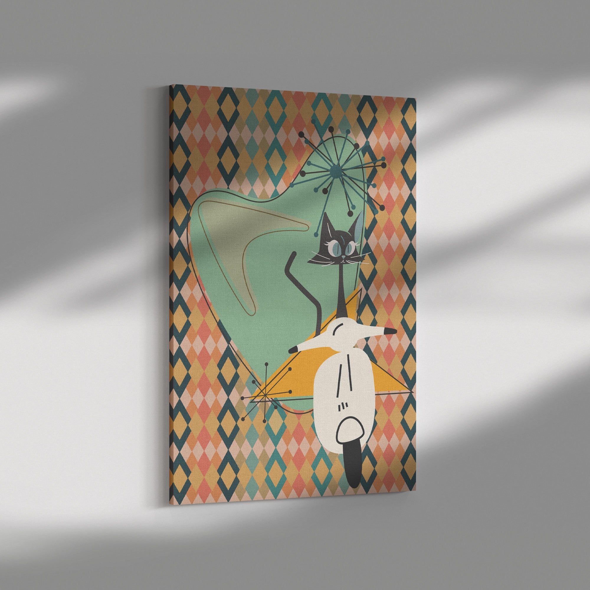 Atomic Cat Mid Century Modern Wall Art, Kitschy Moped, Atomic Boomerang Retro Art - Mid Century Modern Gal