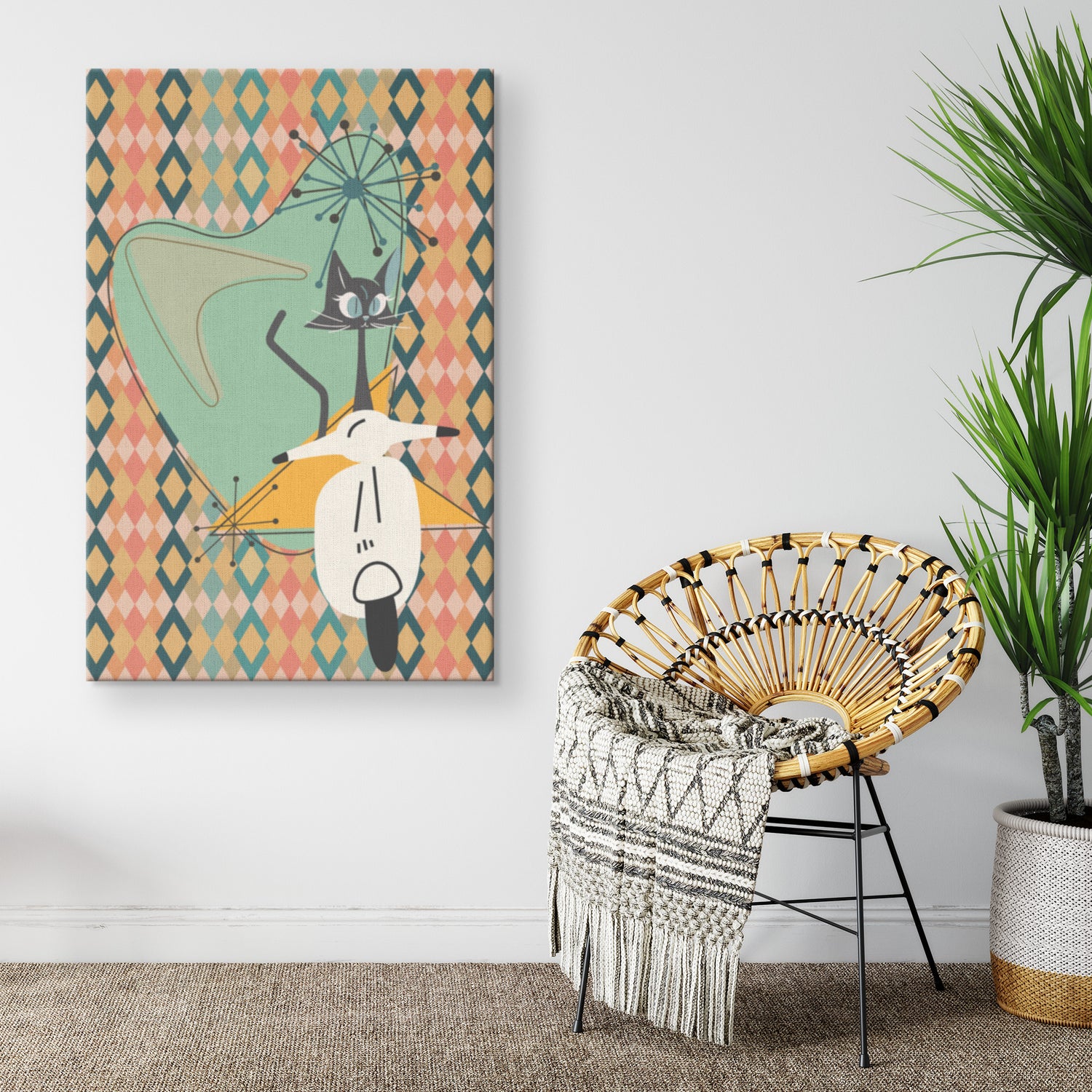 Atomic Cat Mid Century Modern Wall Art, Kitschy Moped, Atomic Boomerang Retro Art - Mid Century Modern Gal