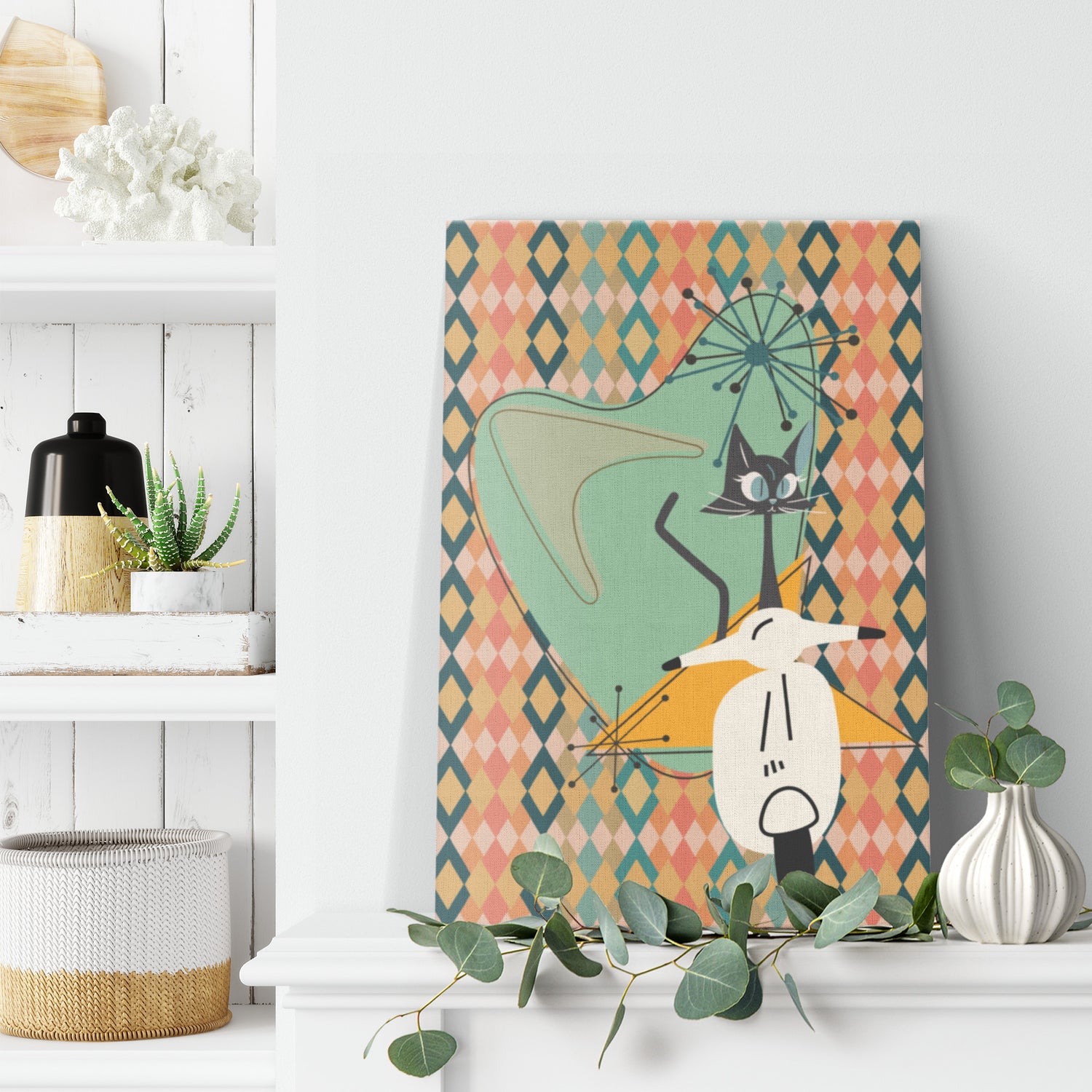 Atomic Cat Mid Century Modern Wall Art, Kitschy Moped, Atomic Boomerang Retro Art - Mid Century Modern Gal