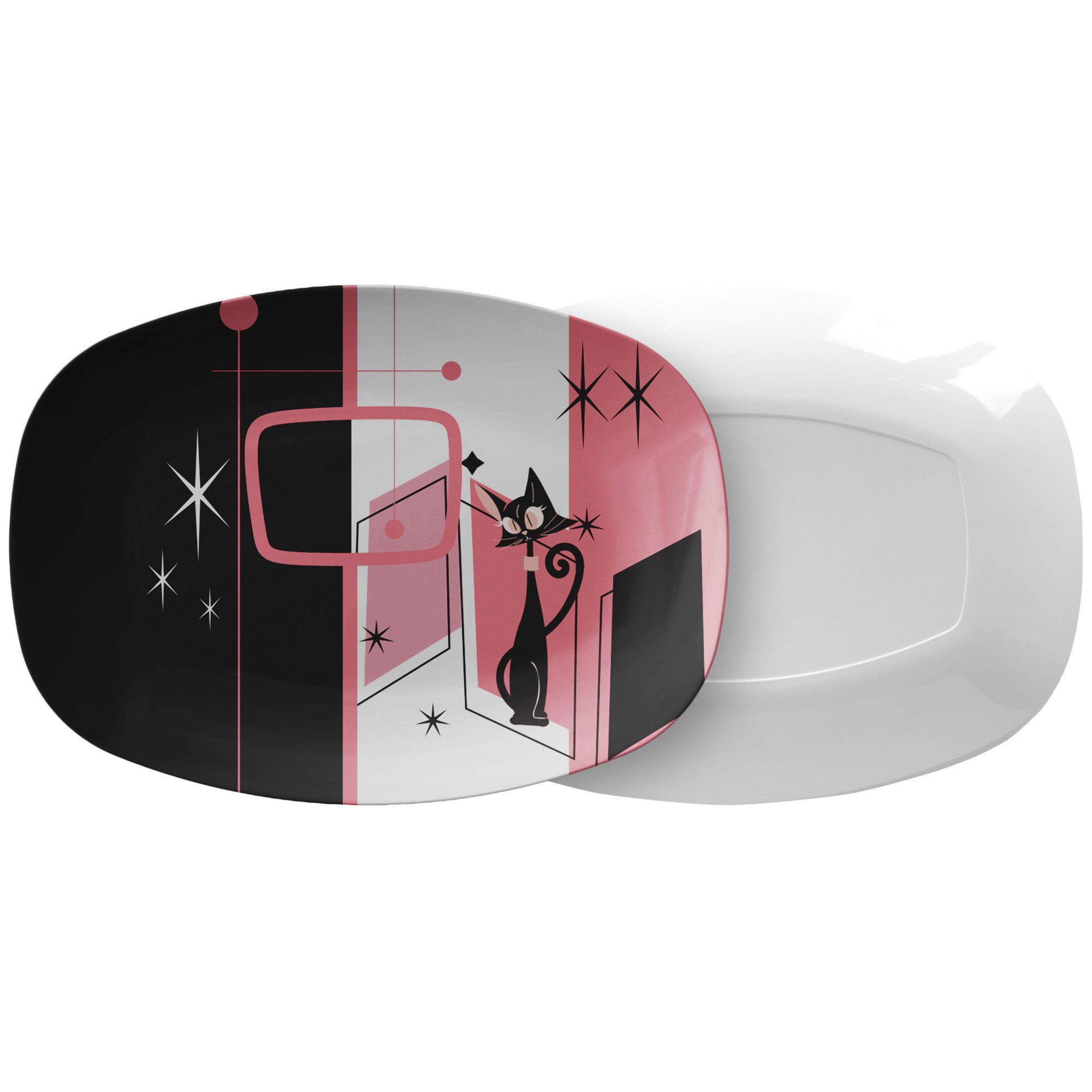 Atomic Kitchen Space Age Cats, Pink, Black, Kitschy Mid Century Mod Party Platter - Mid Century Modern Gal
