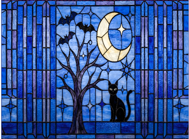 Halloween Stained Glass Style Night Sky Black Cat Slim Floor Lamp SHADE ONLY - For Slim Floor Lamps Only