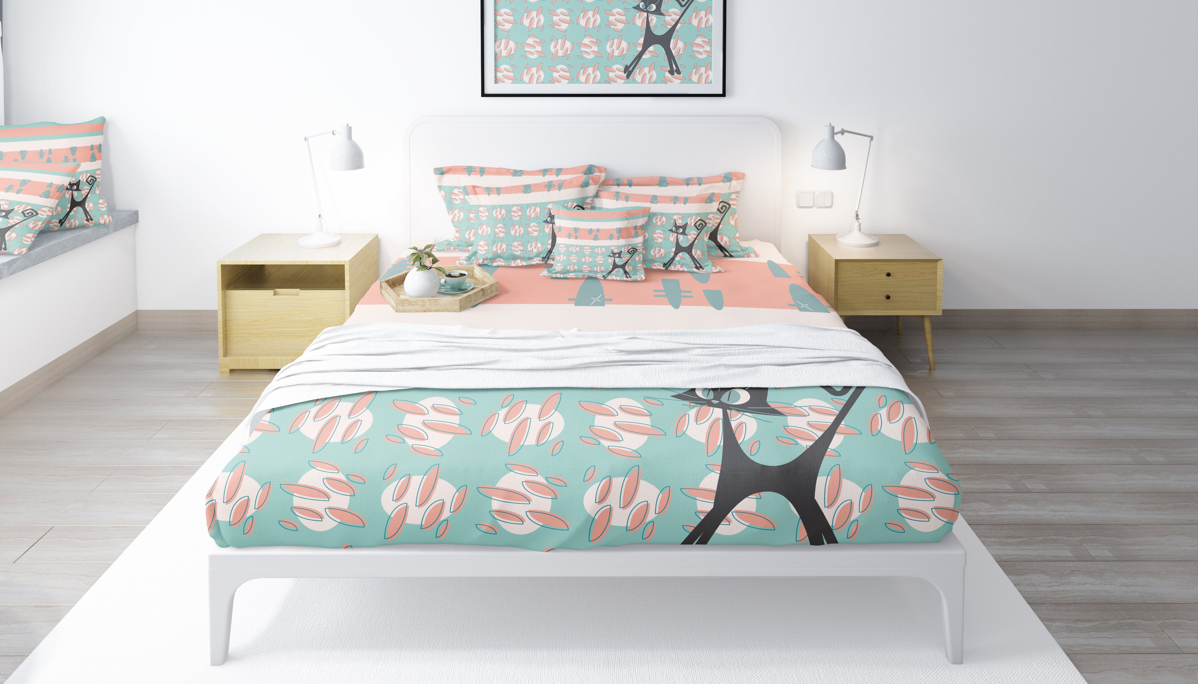 50s Nostalgic Atomic Cat Mid Century Modern Aqua, Coral Pink Peach, Kitschy Mid Century Modern Duvet Cover - Mid Century Modern Gal