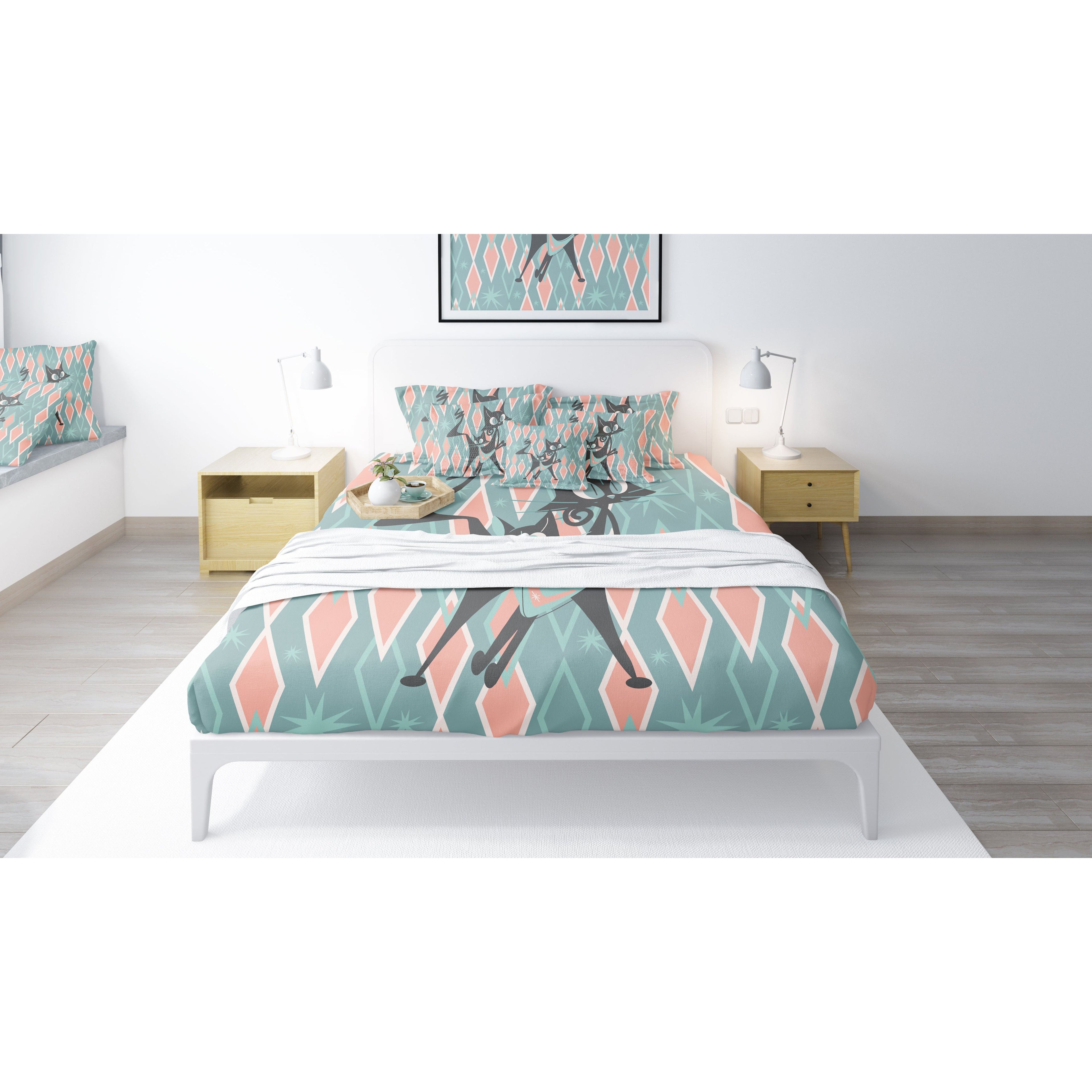 Atomic Cats Bedding, Pink, Aqua Harlequin Diamonds, Mid Century Moden Duvet Cover - Mid Century Modern Gal