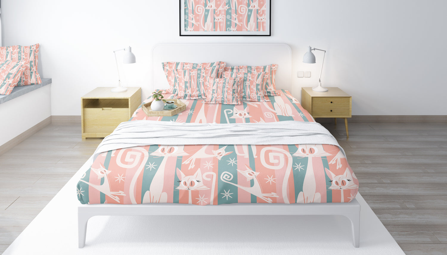 Atomic Cat Bedding, Pink, Aqua Kitschy White Kitties, Mid Century Modern Fun Quirky Duvet - Mid Century Modern Gal