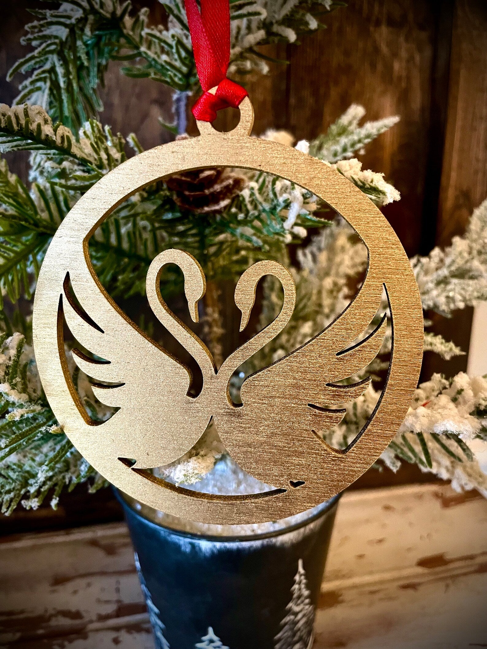 Boho Modern Art Deco Double Swan Wood Ornament