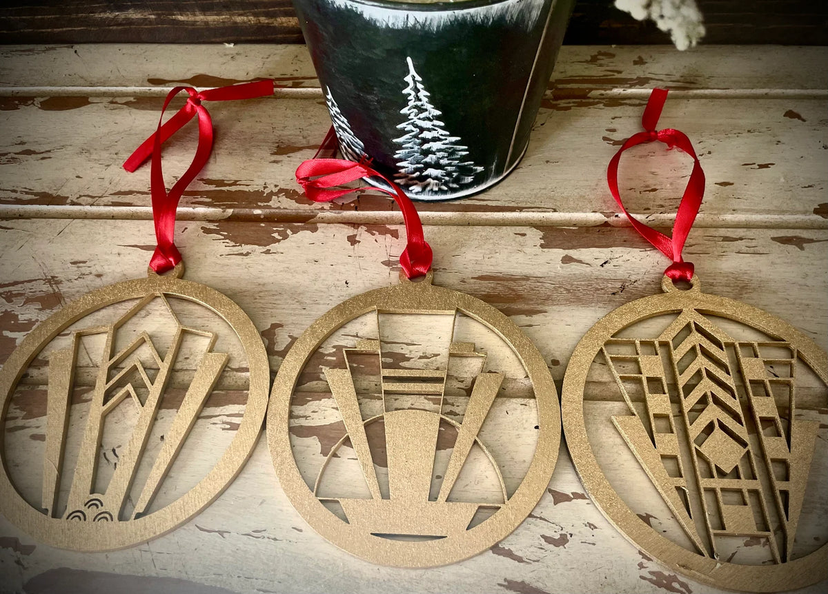Boho Modern Art Deco Marquee Wood Christmas Ornaments - Mid Century Modern Gal