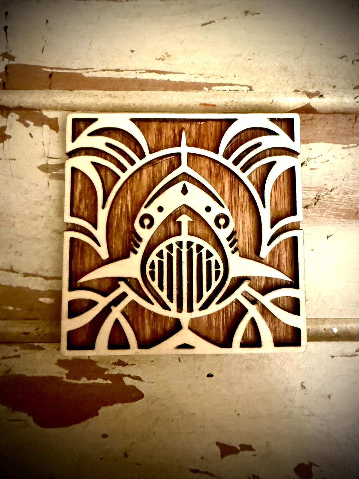 Boho Modern Art Deco Shark 2-Layer Square Wood Art - In Magnet or Larger Sizes