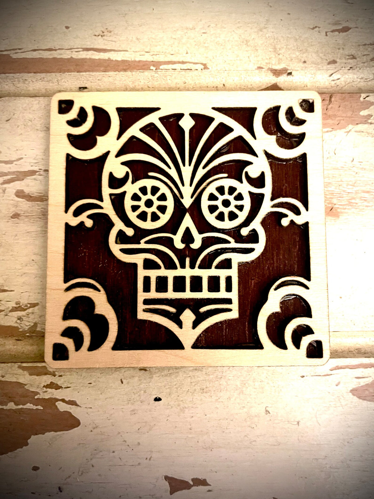 Boho Modern Art Deco Sugar Skull 2-Layer Square Wood Art - In Magnet or Larger Sizes