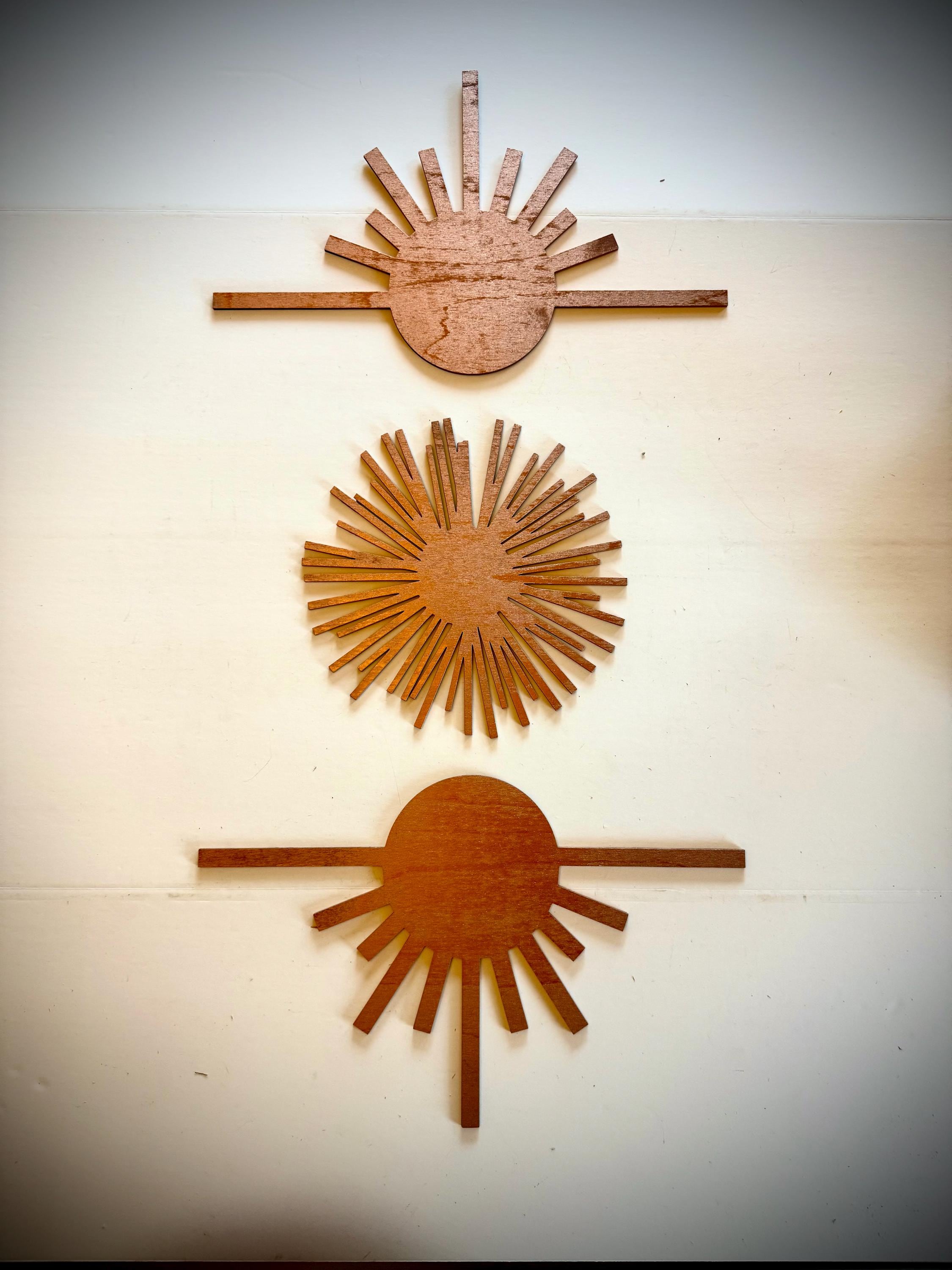 Boho Modern Frank Lloyd Wright-Inspired Abstract and Sunburst Element 3-Panel Wood Wall Art