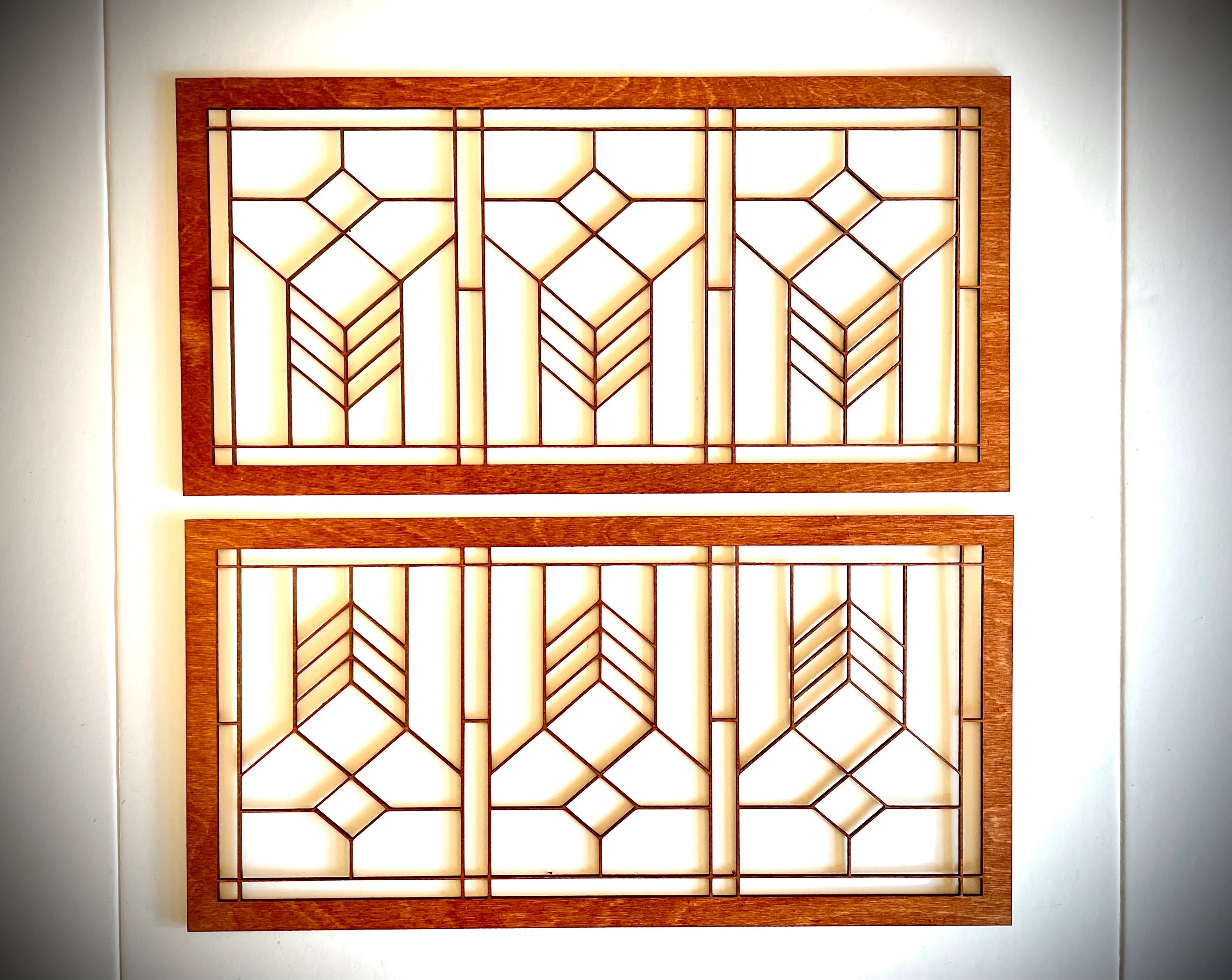 Boho Modern Frank Lloyd Wright-Inspired Art Deco Geometry 2-Panel Wood Wall Art, Set D