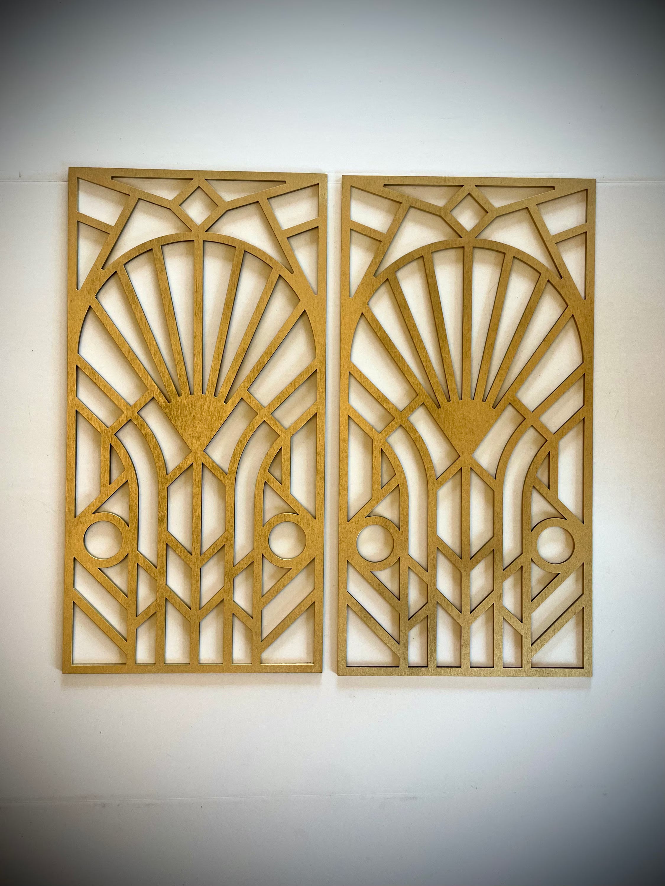 Boho Modern Frank Lloyd Wright-Inspired Art Deco Geometry 2-Panel Wood Wall Art, Set X
