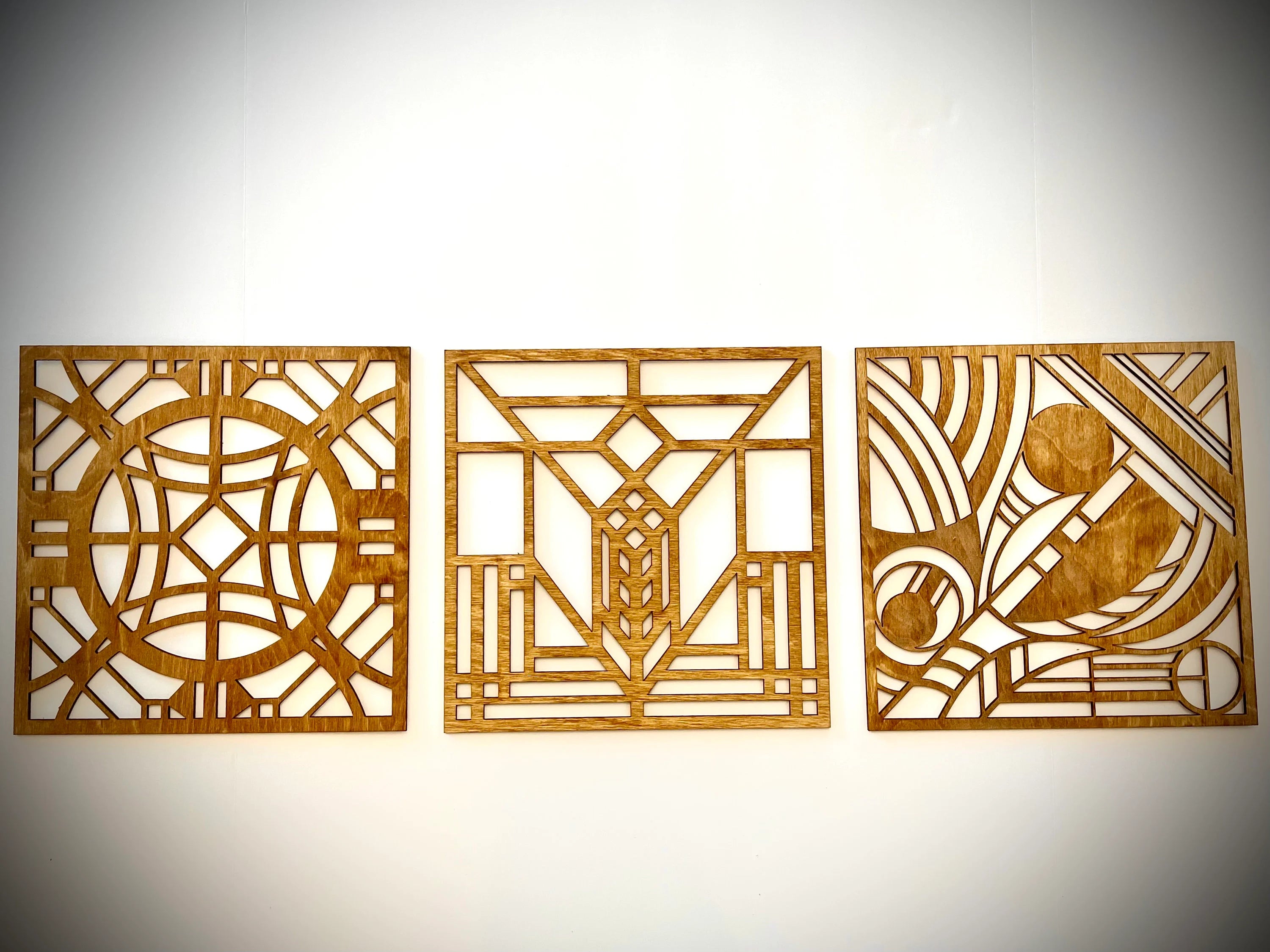 Boho Modern Frank Lloyd Wright-Inspired Art Deco Geometry 3-Panel Wood Wall Art, Set C