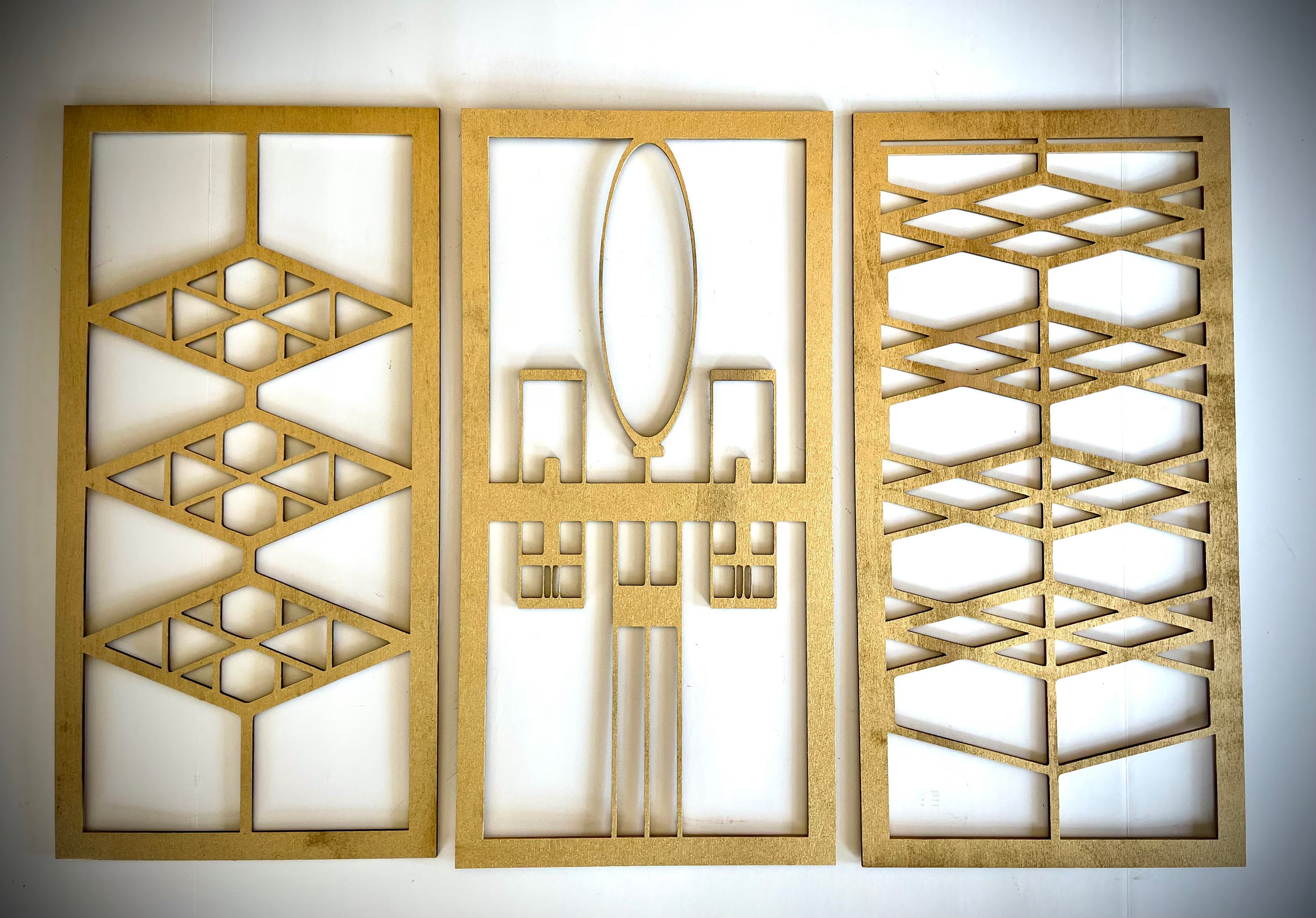 Boho Modern Frank Lloyd Wright-Inspired Art Deco Geometry 3-Panel Wood Wall Art, Set S