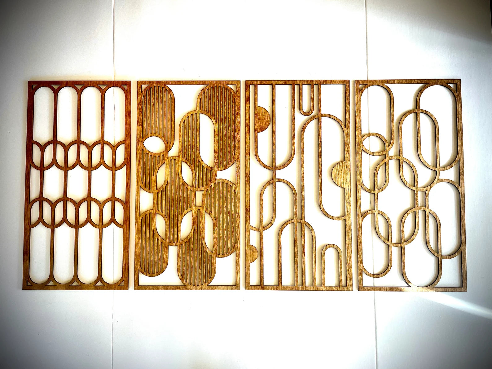 Boho Modern Frank Lloyd Wright-Inspired Art Deco Ovals 4-Panel Wood Wall Art, Set R