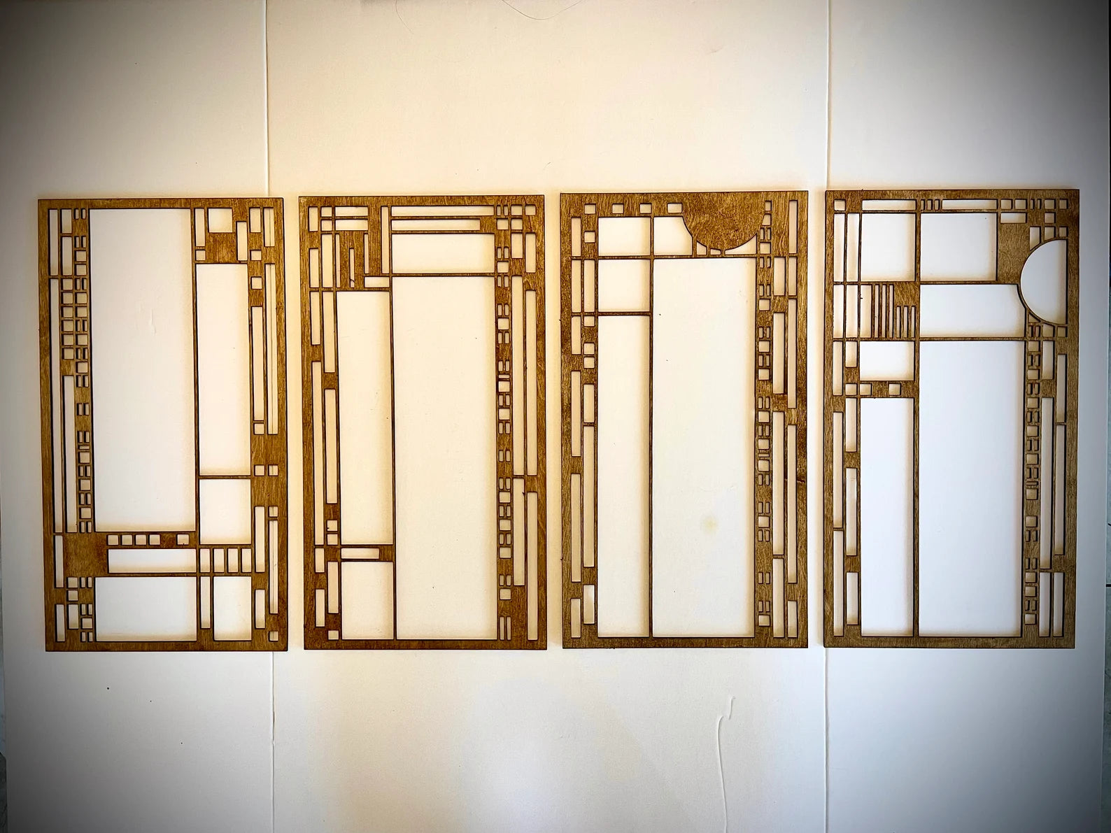 Boho Modern Frank Lloyd Wright-Inspired Art Deco Stained Glass 4-Panel Wood Wall Art, Set J