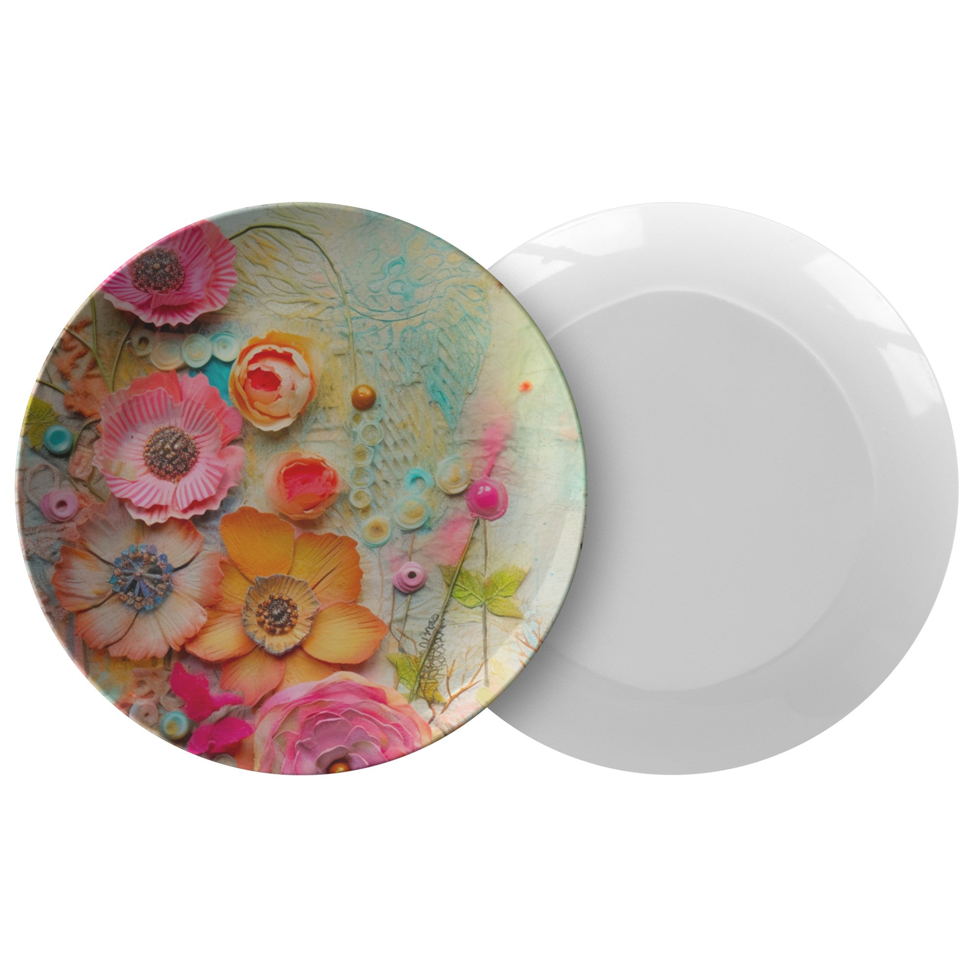 Boho Dinner Plates, Pressed Faux Flowers, Retro Bohemian Hippie Style Dinnerware - Mid Century Modern Gal
